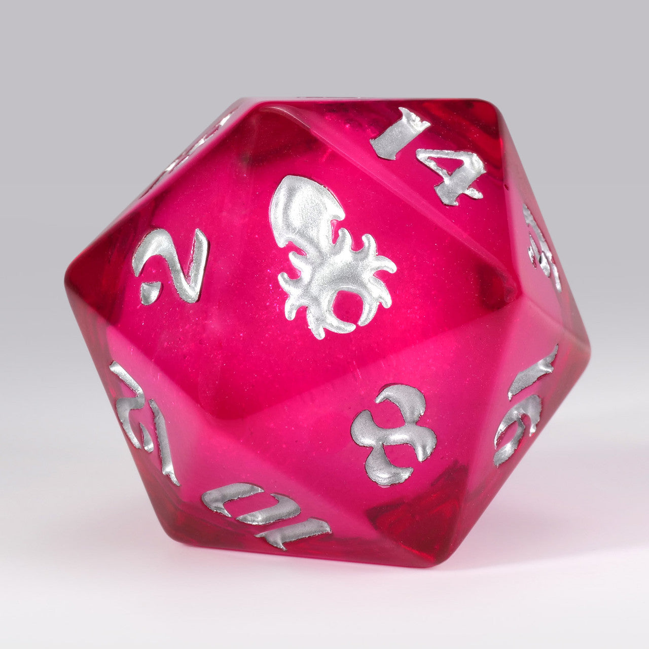 34 mm Hot Pink Liquid Core Silver Glitter Single D20 with Silver Ink